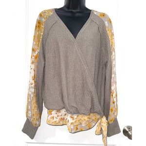 L Love Waffle Knit Top with Floral print chiffon sleeves